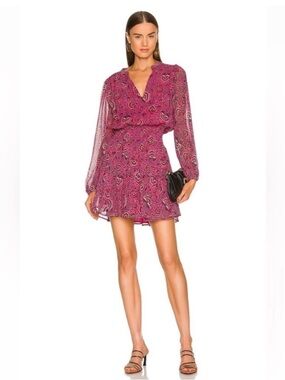 ALC Sari Silk Mini Dress Pink Paisley Tiered Coquette Romantic Boho Chic Size 6